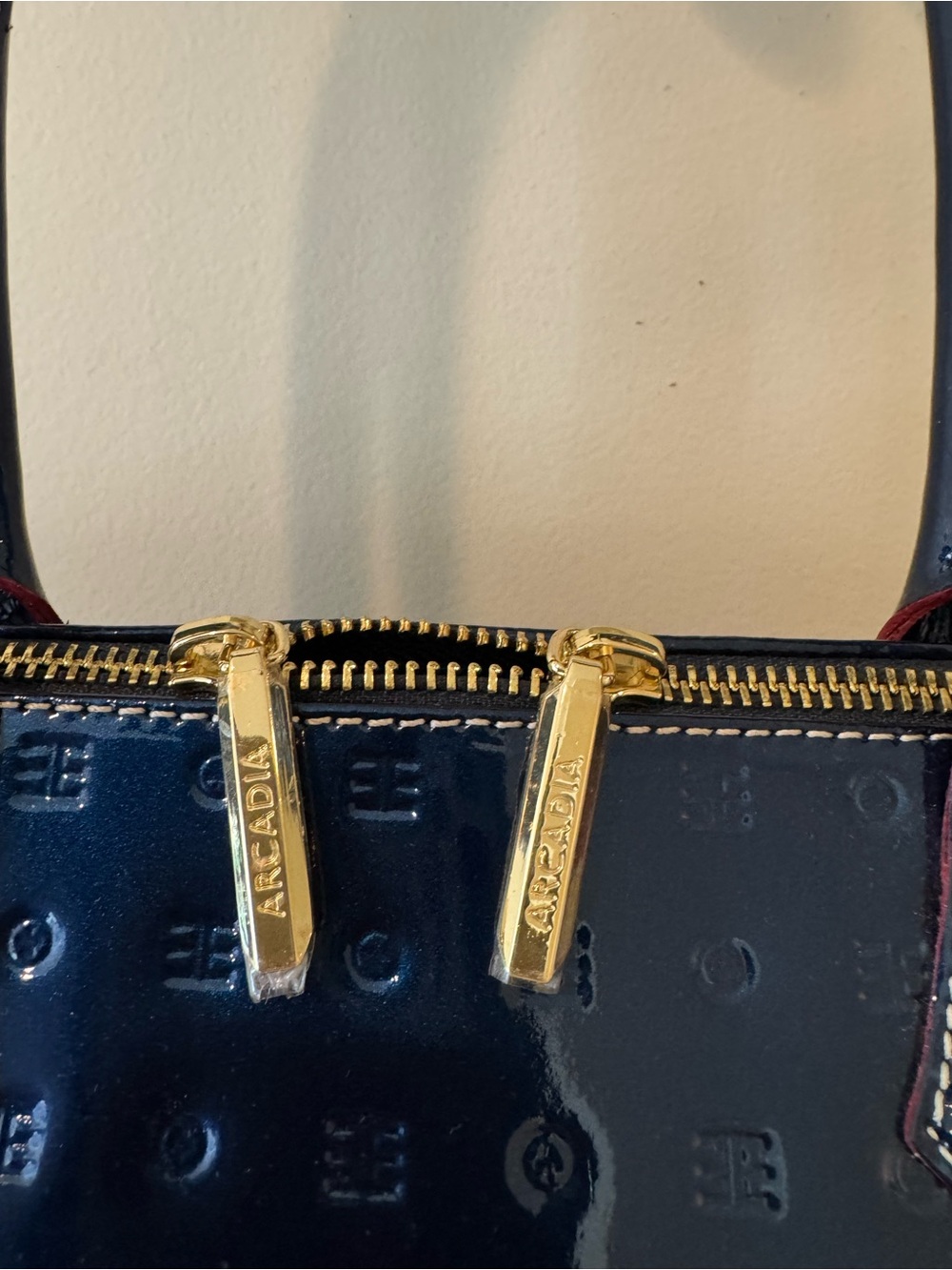 Arcadia Navy Patent Dome Satchel with Gold Hardware - Picture 6 of 13